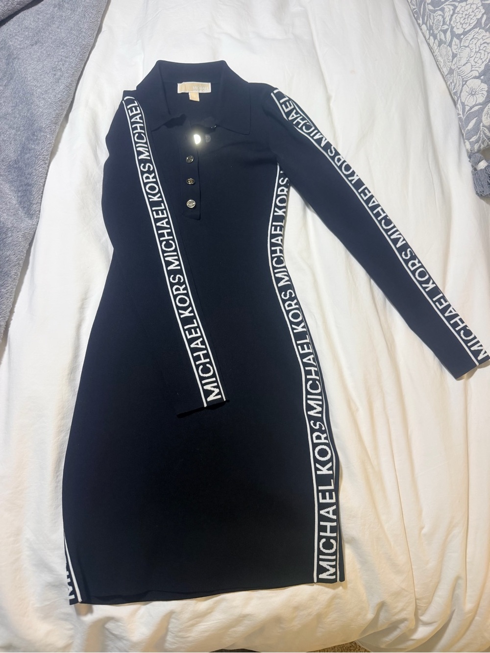 Michael Kors Black Long Sleeve Logo-Trim Polo Knit Dress